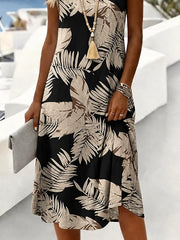 Black Tropical Palm Leaf V Neck Sleeveless A-Line Midi Tank Dress