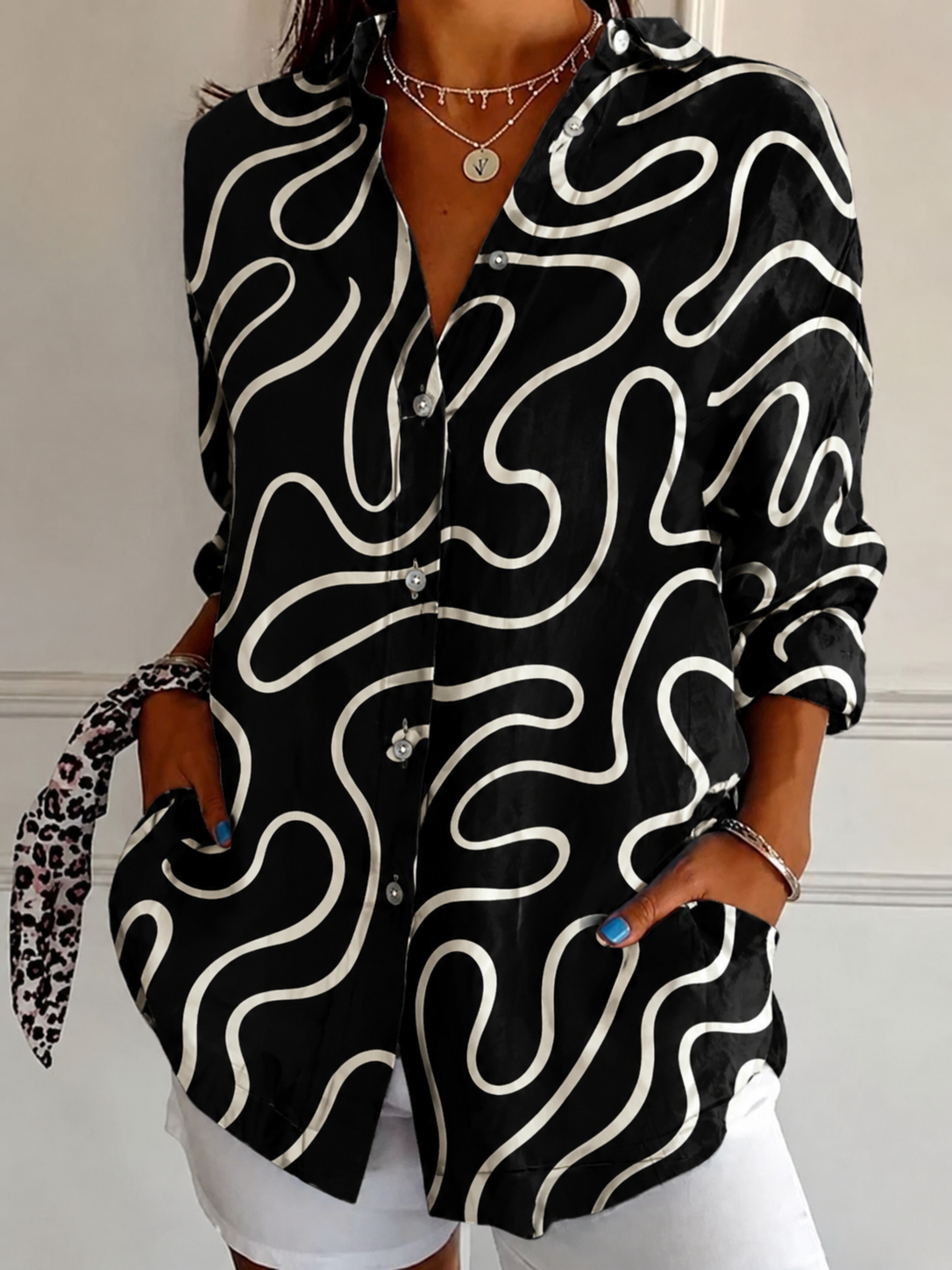 Shirt Collar Long Sleeve Abstract Regular Micro-Elasticity Loose Shirt For Women