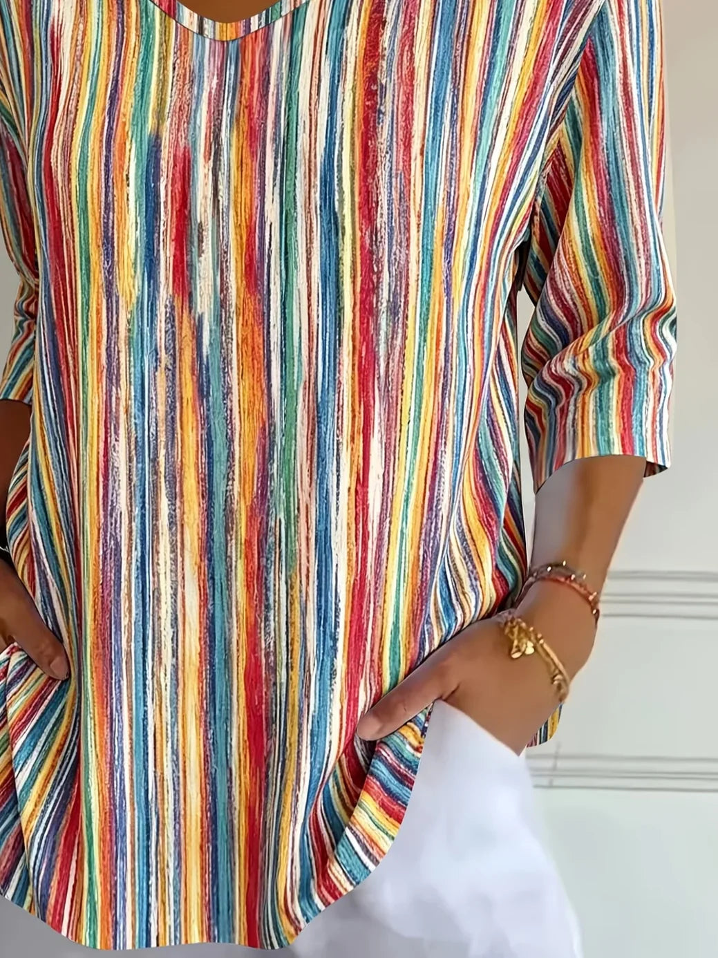 Casual Abstract Stripes V Neck Three Quarter Sleeve T-shirt