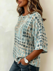 Crew Neck Half Sleeve Geometric Printing Regular Micro-Elasticity Loose Blouse For Women