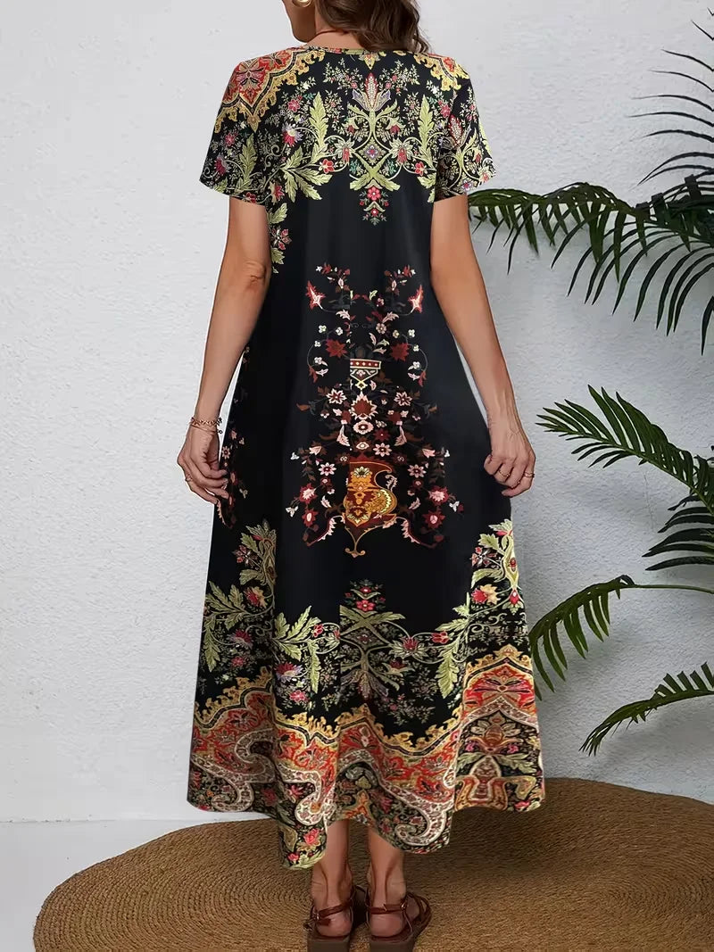 Women Ethnic Summer Dress V Neck Short Sleeve T-Shirt Dress H-Line Dress