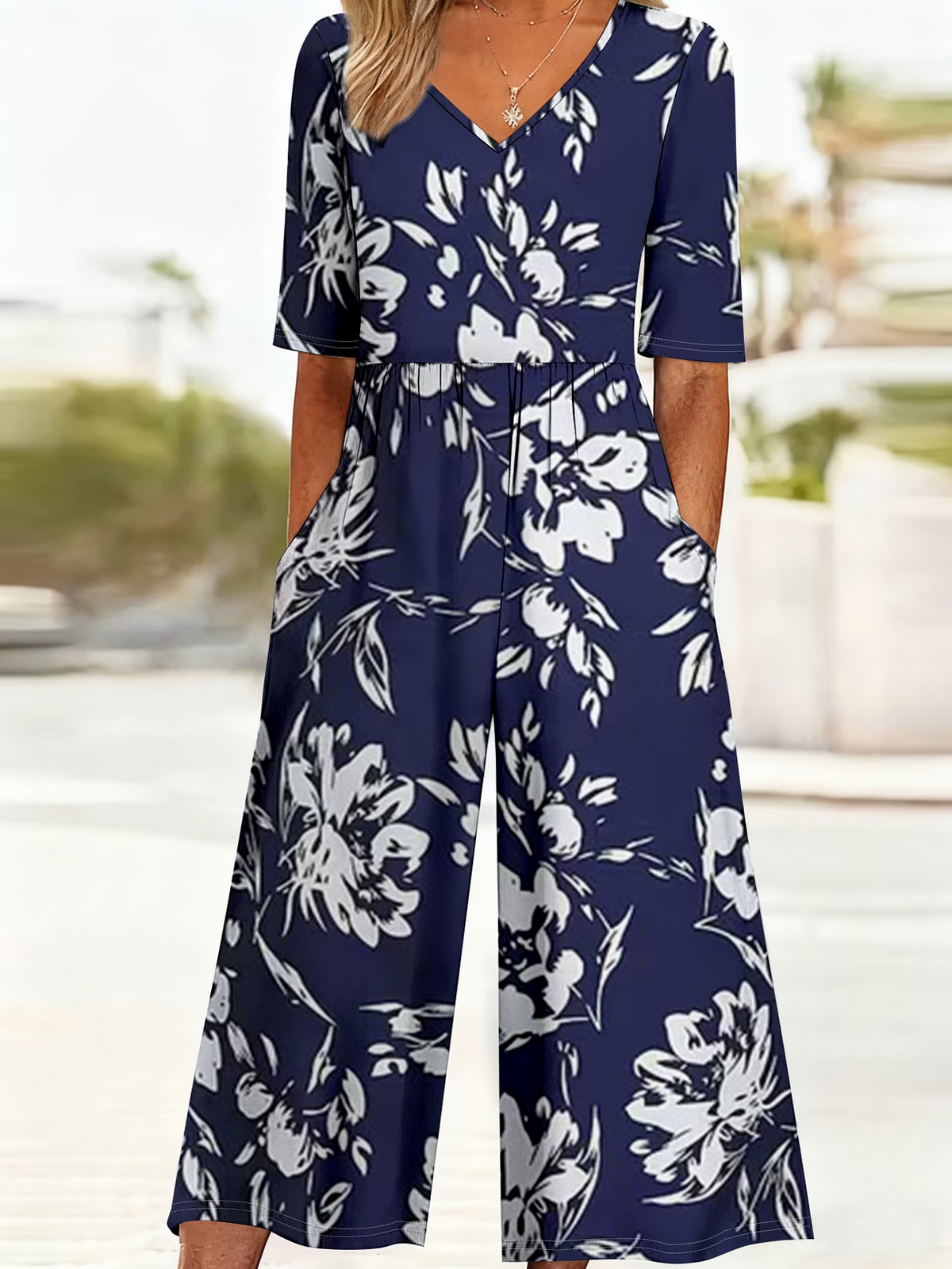 Women Floral V Neck Half Sleeve Casual Summer Jumpsuit