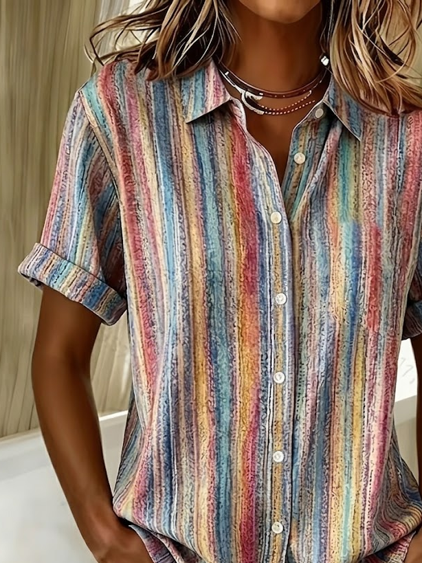 Shirt Collar Short Sleeve Abstract Stripes Printing Regular Micro-Elasticity Loose Button Up Shirt Shirt For Women