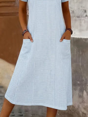 Women Striped Summer Printing Dress Crew Neck Short Sleeve T-Shirt Dress H-Line Dress