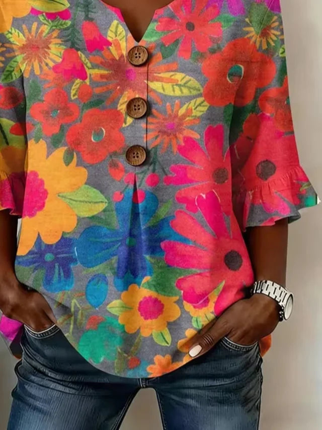 V Neck Half Sleeve Floral Printing Regular Micro-Elasticity Regular Fit Blouse For Women