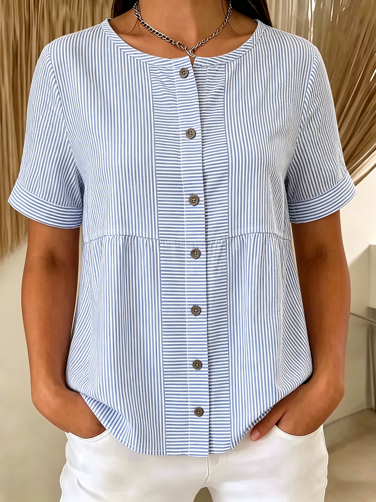 Crew Neck Short Sleeve Striped Casual Regular Loose Shirt For Women