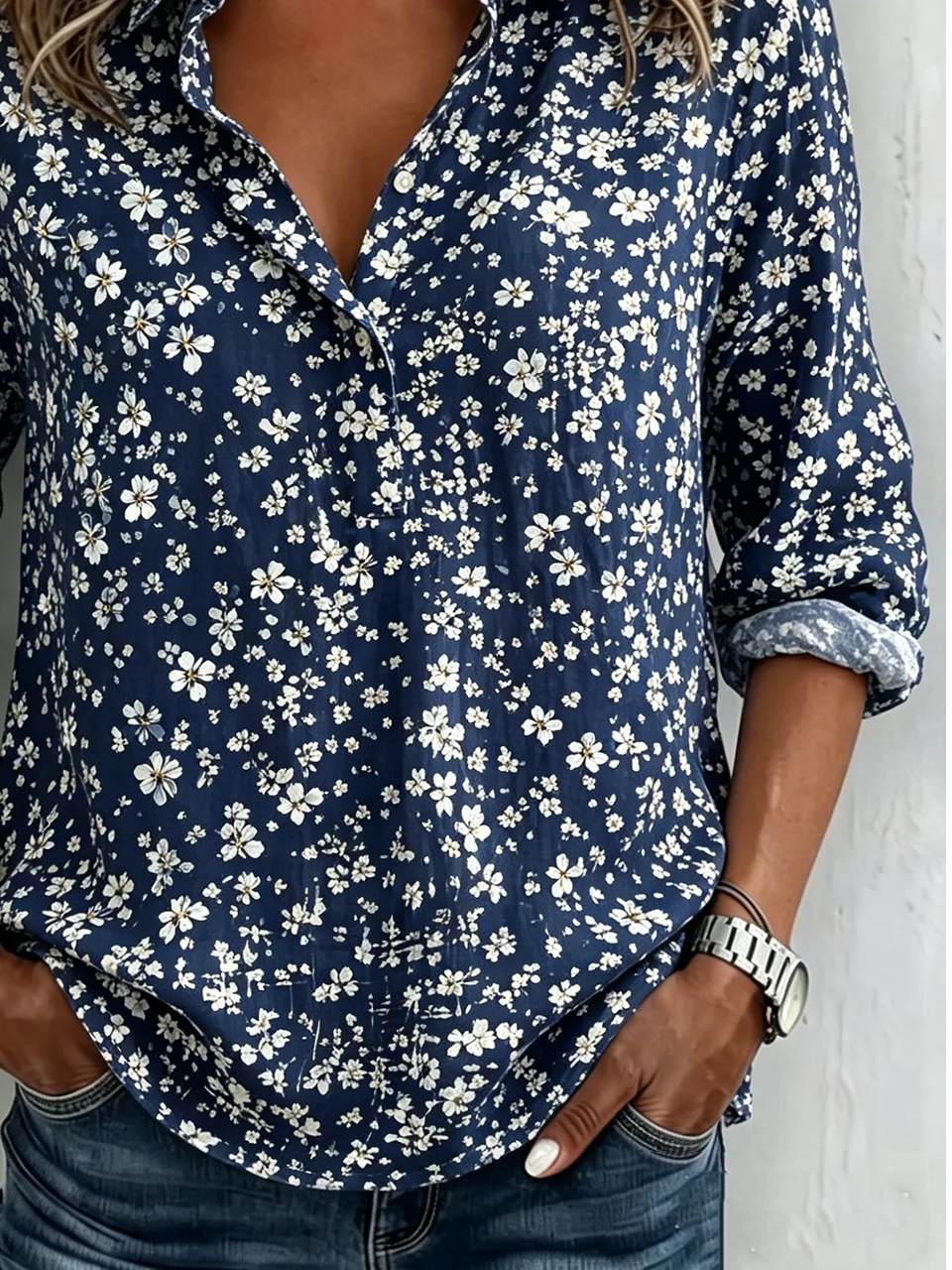 V Neck Long Sleeve Floral Regular Loose Shirt For Women