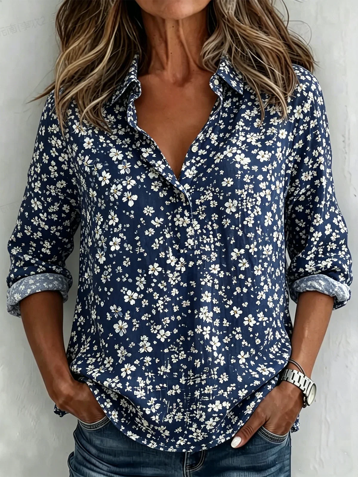 V Neck Long Sleeve Floral Regular Loose Shirt For Women