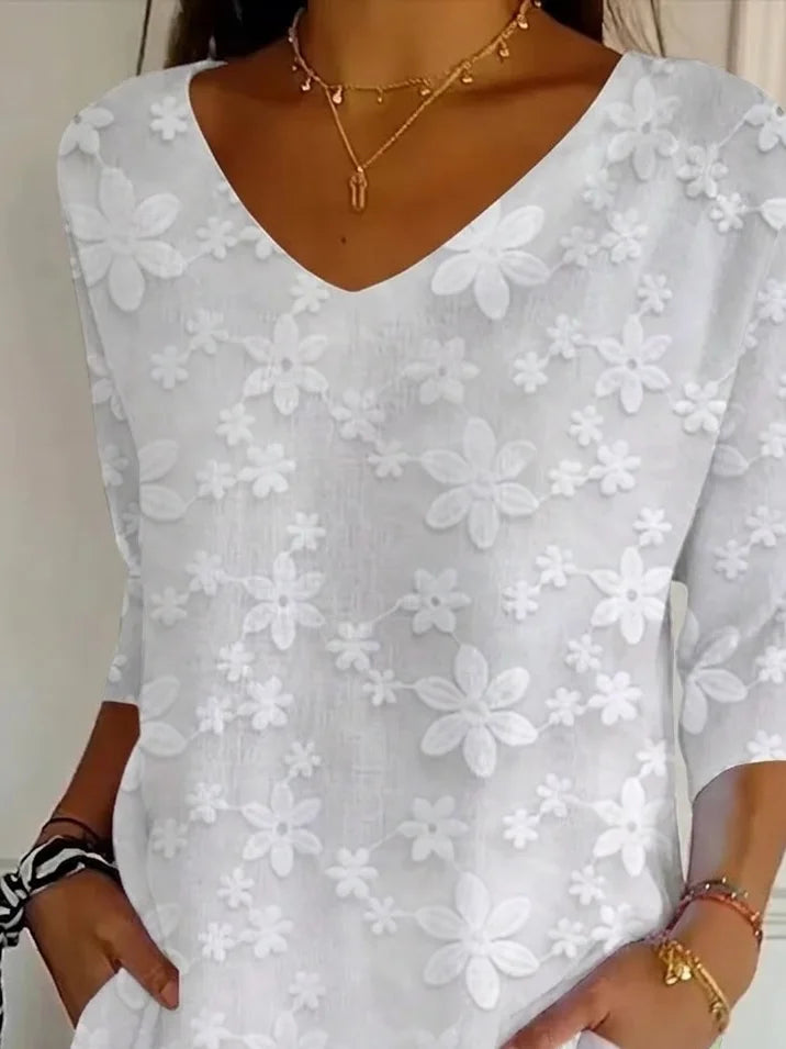 Casual Floral V Neck Three Quarter Sleeve T-shirt