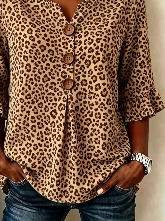 V Neck 3/4 Sleeve Leopard Printing Regular Micro-Elasticity Regular Fit Blouse For Women