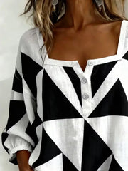Square Neck Three Quarter Sleeve Abstract Printing Regular Micro-Elasticity Loose Blouse For Women