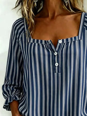 Square Neck Three Quarter Sleeve Striped Printing Regular Micro-Elasticity Loose Blouse For Women