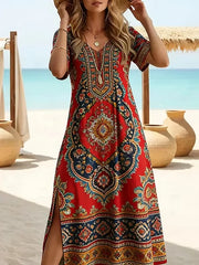 Women Ethnic Summer Printing Dress Crew Neck Short Sleeve T-Shirt Dress H-Line Dress
