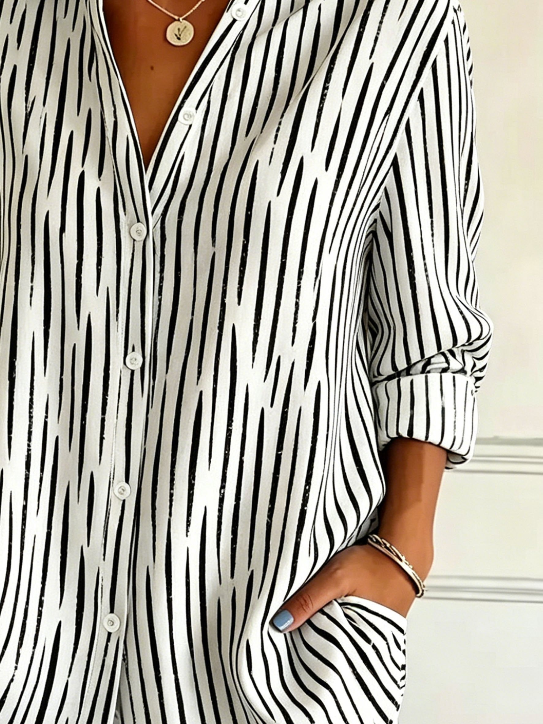 Shawl Collar Long Sleeve Abstract Graphic Regular Loose Shirt For Women