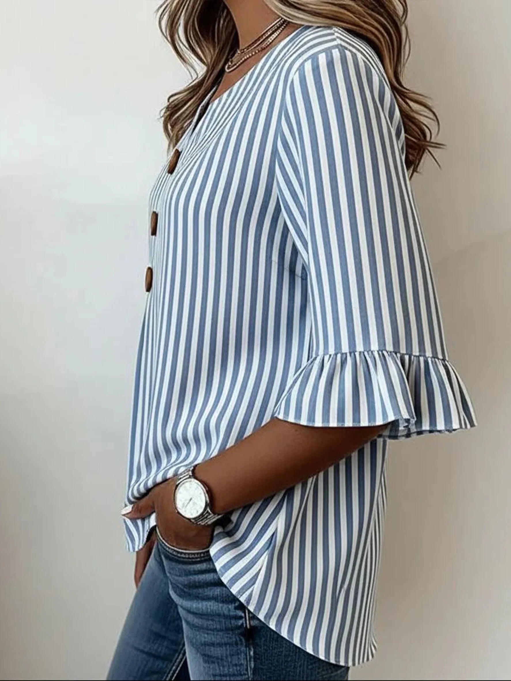 V Neck Half Sleeve Striped Regular Regular Fit Blouse For Women