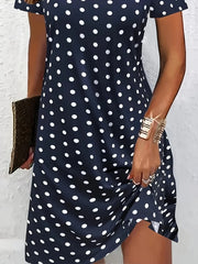 Women Polka Dots Summer Printing Dress Crew Neck Short Sleeve T-Shirt Dress A-Line Dress
