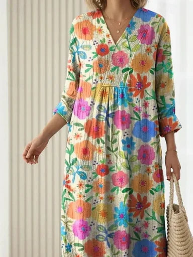 Women Floral Spring/Fall Dress V Neck Long Sleeve H-Line Dress