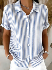 Shawl Collar Short Sleeve Striped Regular Regular Fit Shirt For Women