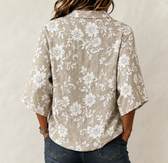 Women's Shawl Collar Half Sleeve Floral Lightweight Loose Shirt