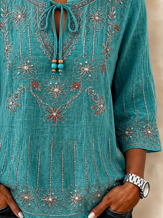 V Neck Half Sleeve Floral Regular Loose Blouse For Women
