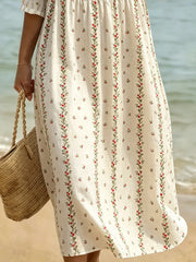 Women's As Picture Floral Printed Casual Crew Neck Cotton-Blend Ocean Pattern Casual Midi Dress