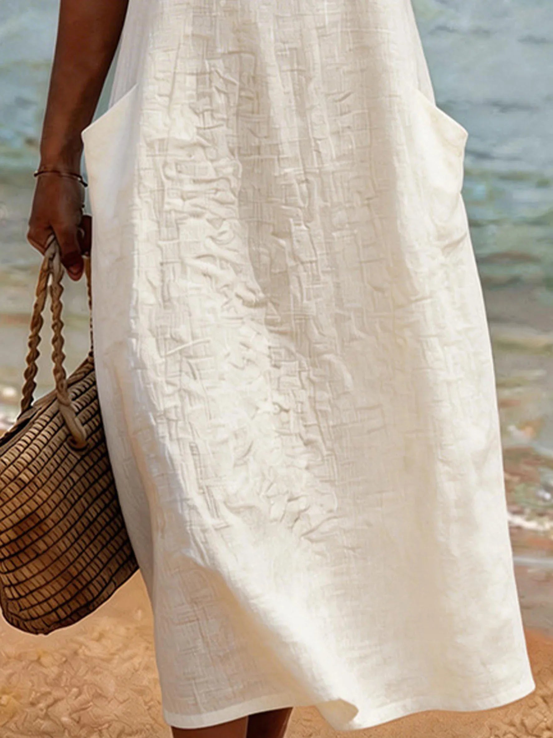Linen And Linen Round Neck Short Sleeve With Pocket Casual Dress