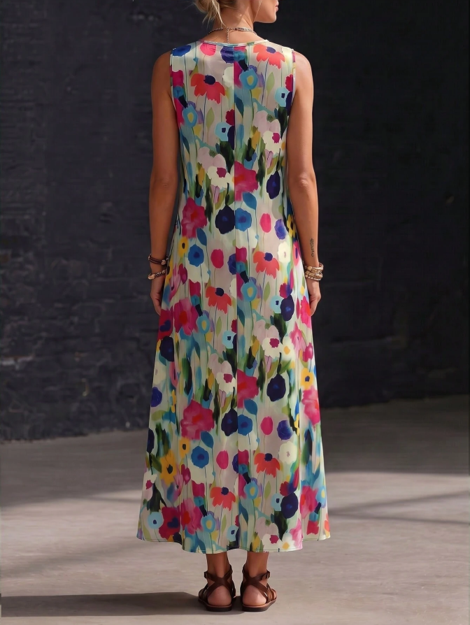 Women Boho Floral Print Sleeveless V Neck Vacation Maxi Dress
