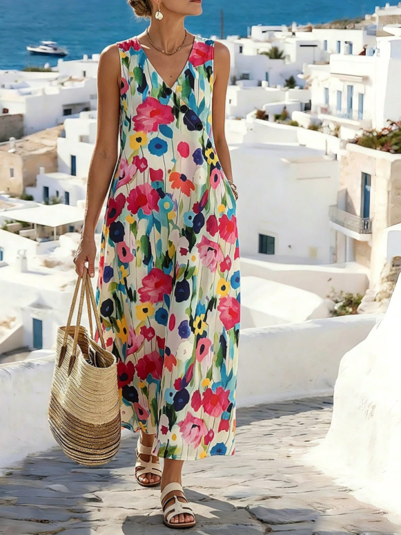 Women Boho Floral Print Sleeveless V Neck Vacation Maxi Dress