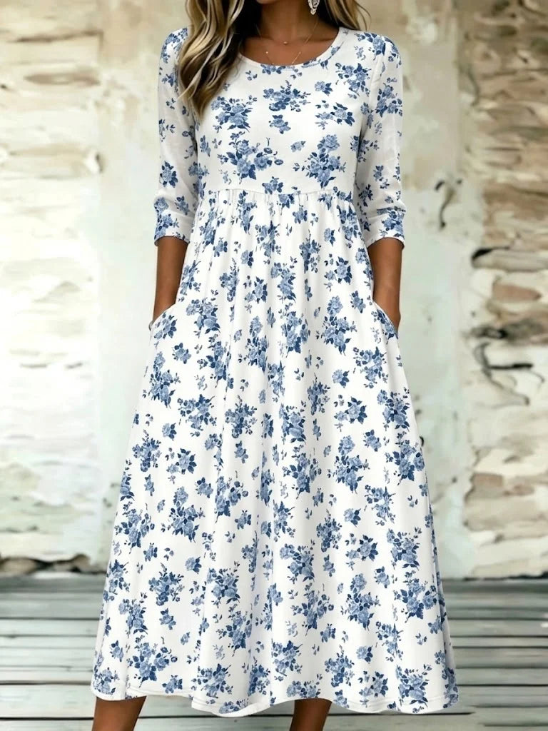 Women Crew Neck Half Sleeve White Blue Floral Maxi A-Line Dress
