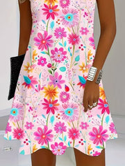 Women Crew Neck Sleeveless Pink Floral Midi Tank A-Line Dress