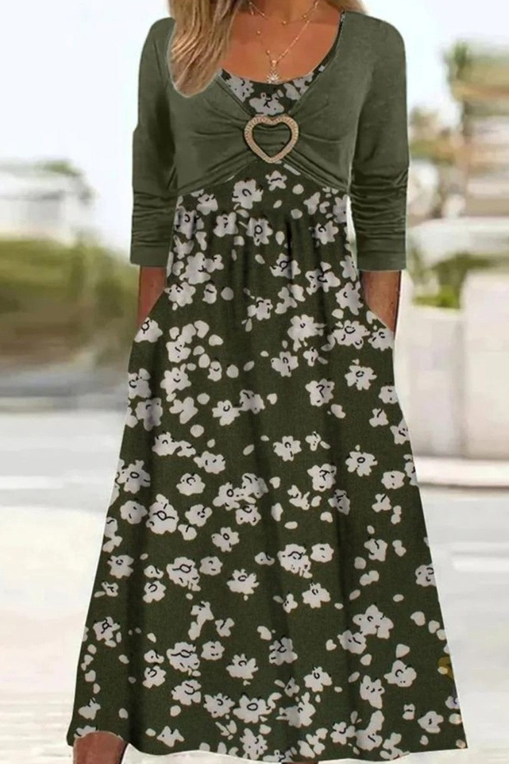 Round Neck Floral Print 3/4 Sleevess Midi Dress