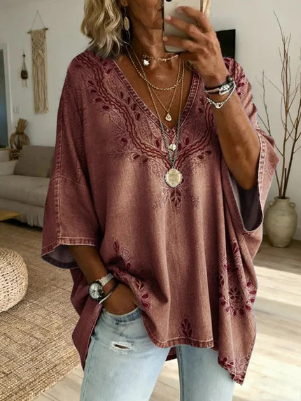 Ethnicity Texture Flowers Women's Art Print Casual Washed Cotton Denim Top