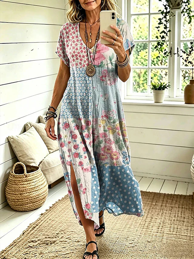 Patchwork Floral Print V Neck Short Sleeve Loose A Line Midi Dress With Side Slits