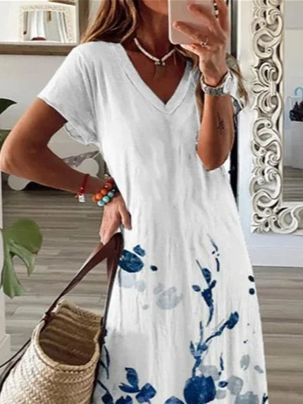White Base Blue Ink Floral V Neck Short Sleeve Loose Summer Maxi Dress