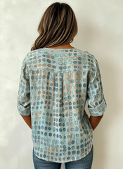 Vintage Polka Dot Print Stand Collar Rolled Short Sleeve Button Down Casual Shirt