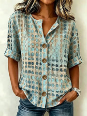 Vintage Polka Dot Print Stand Collar Rolled Short Sleeve Button Down Casual Shirt