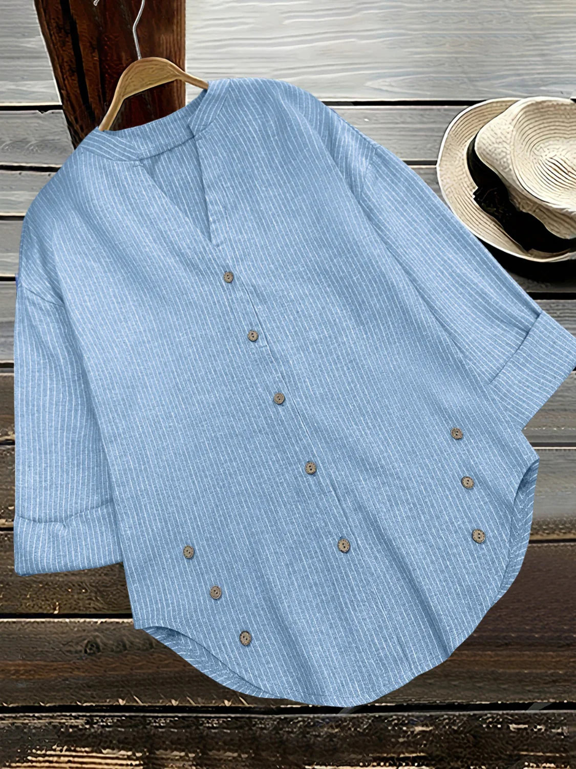 Blue White Vertical Striped Notched V Neck Long Sleeve Button Down Casual Blouse