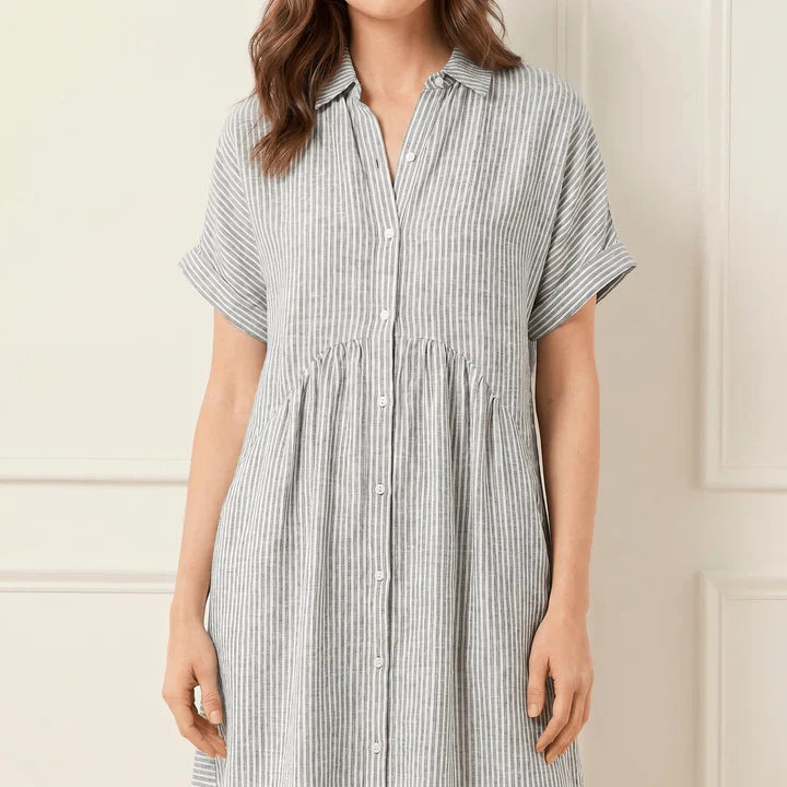Linara Striped Button Front Midi Shirt Dress with Rolled Short Sleeves & Side Pockets