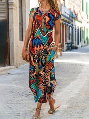Women Abstract Print Pocket Crew Neck Maxi T-Shirt Dress