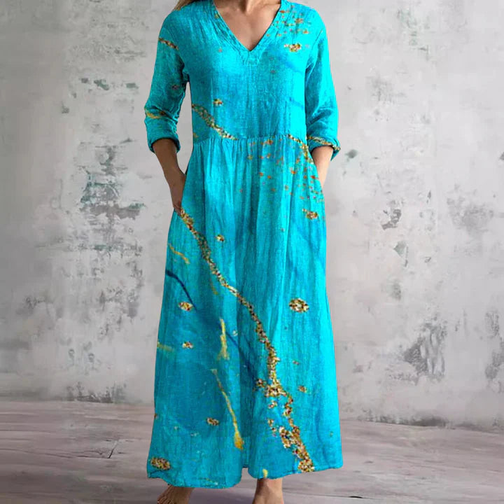 Women V Neck 3/4 Sleeve Abstract Print Flowy Summer Maxi Dress