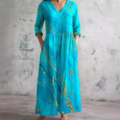 Women V Neck 3/4 Sleeve Abstract Print Flowy Summer Maxi Dress