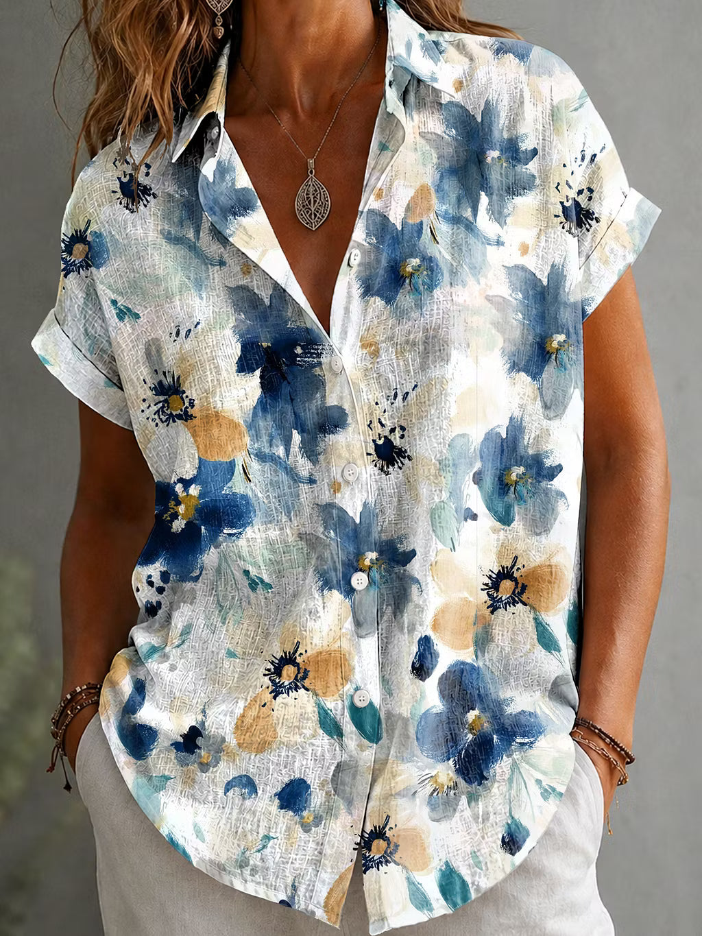 Women Collared Button Down Short Sleeve Watercolor Floral Casual Shirt