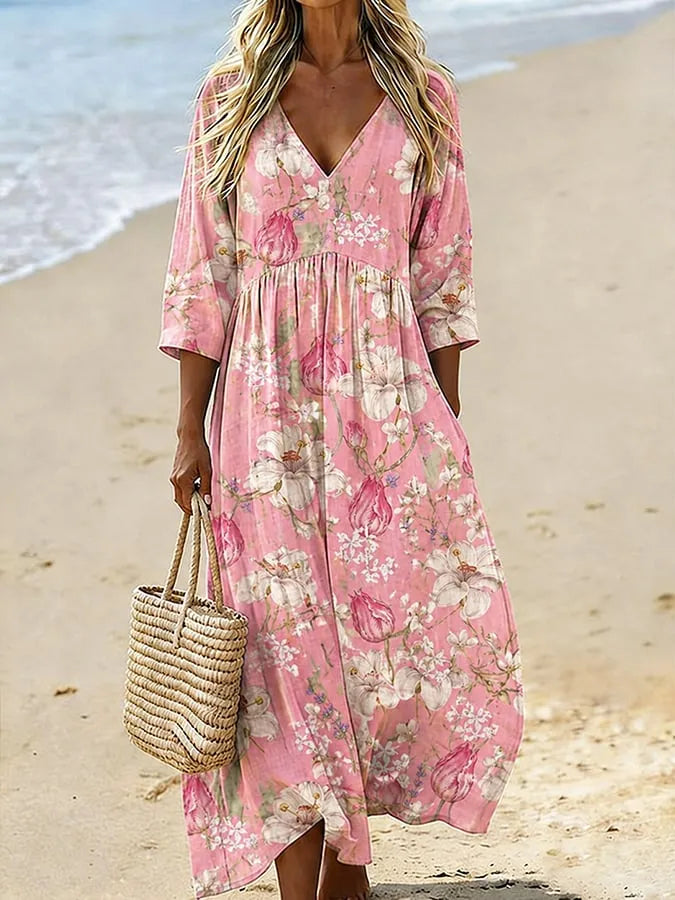 Pink Watercolor Floral V Neck 3/4 Sleeve Gathered Waist Cotton Linen Casual Maxi Dress With Pockets