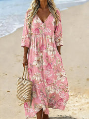 Pink Watercolor Floral V Neck 3/4 Sleeve Gathered Waist Cotton Linen Casual Maxi Dress With Pockets