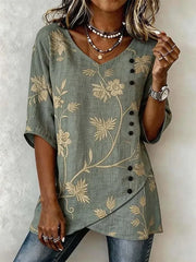 Vintage Green Botanical Floral Print V Neck Asymmetric Button Detail Half Sleeve Cotton Blend Blouse