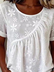 White 3D Floral Embroidery Round Neck Cuffed Short Sleeve Ruched Loose Summer Casual Top