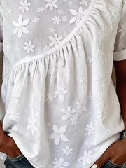White 3D Floral Embroidery Round Neck Cuffed Short Sleeve Ruched Loose Summer Casual Top