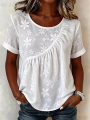 White 3D Floral Embroidery Round Neck Cuffed Short Sleeve Ruched Loose Summer Casual Top
