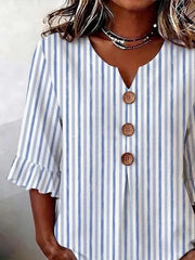 Women V Neck Half Sleeve Striped Blouse With Wooden Buttons
