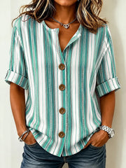 Stand Collar Three Quarter Sleeve Striped Regular Loose Shirt For Women